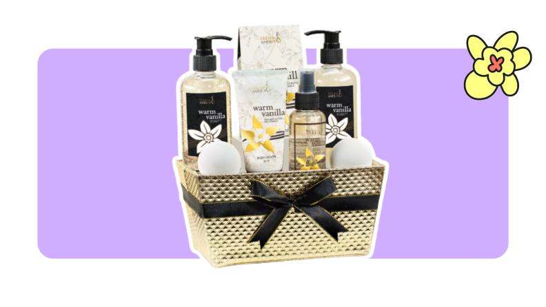 A gift basket of warm vanilla bath and body products