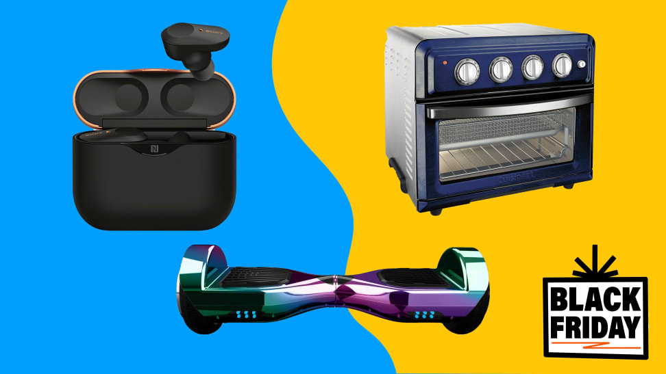 Headphones, toaster oven, and hoverboard against a colorful background.