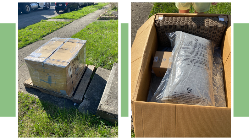 The Outer Furniture inside a big box, sitting on grass, next to an open box of Outer Furniture, with a green background.