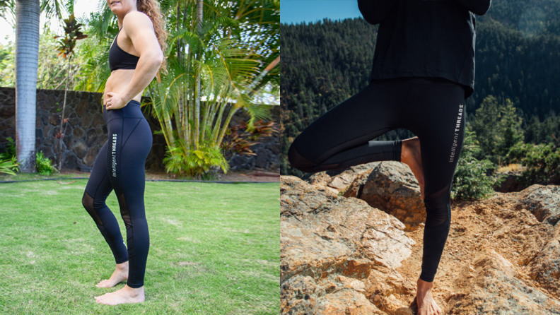 On left, person in black leggings standing outdoors. On right, person doing yoga pose outdoors.