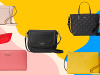 Assorted leather Kate Spade wallets and purses in front of abstract colorful background.