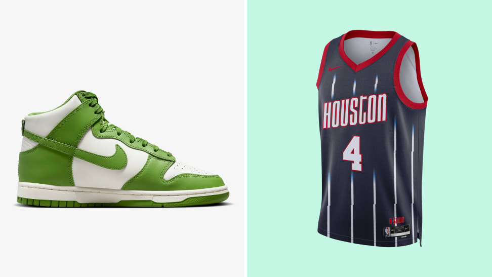 A green Nike shoe and a Houston Rockets basketball jersey from Nike in a collage.