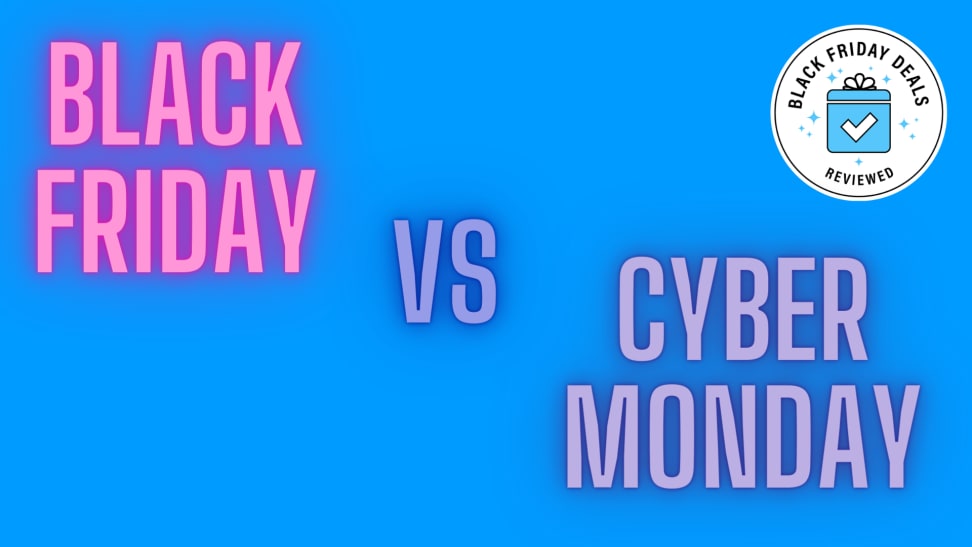 A blue background showing the words Black Friday vs Cyber Monday