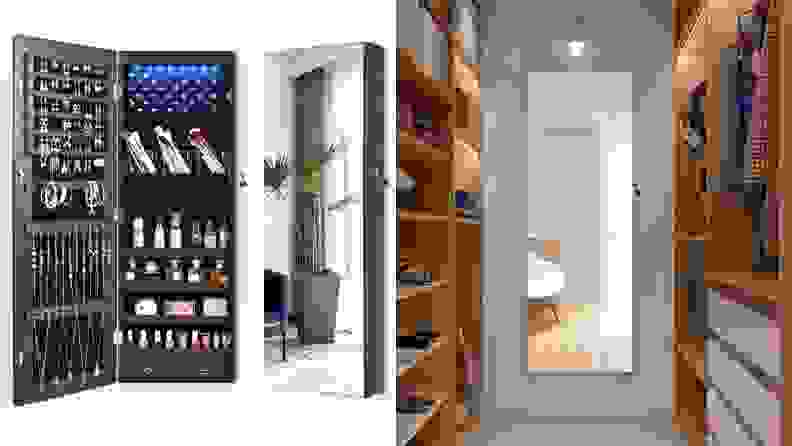 Two separate images show a full-length mirror that opens up for storing loads of jewelry and cosmetics.