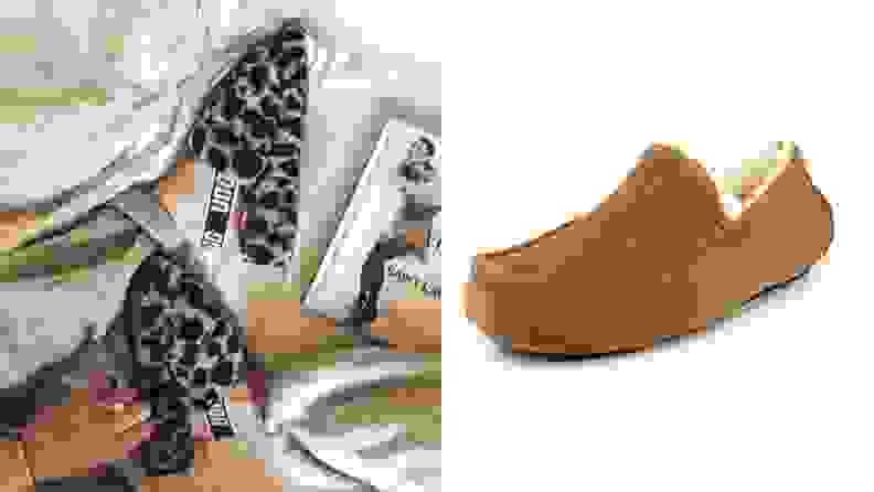 Two images of Ugg slippers.