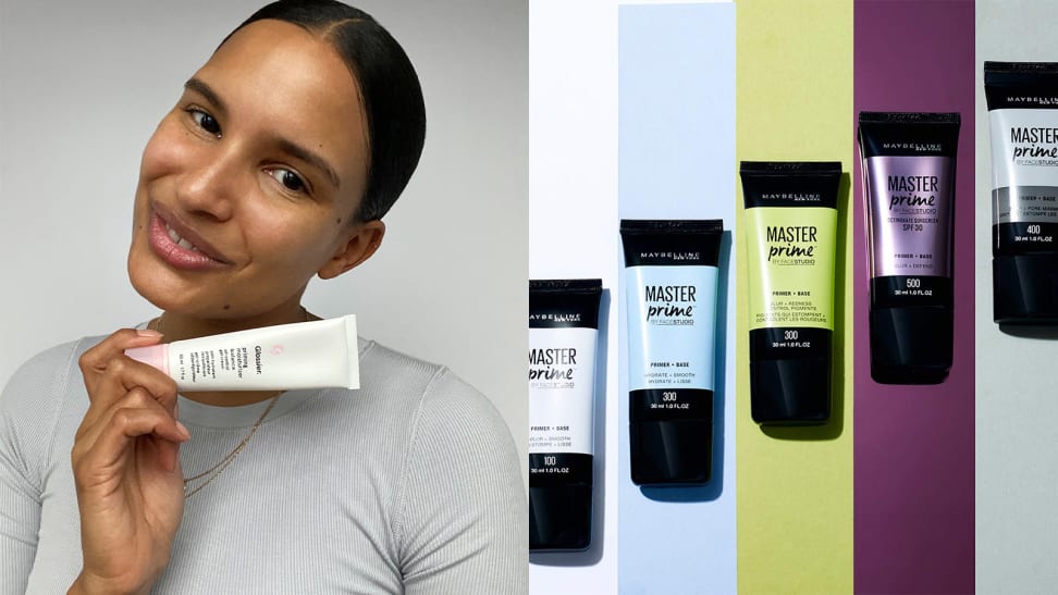 On the left: A person holding a tube of makeup primer. On the right: Five tubes of makeup primer sitting on a colorful background.