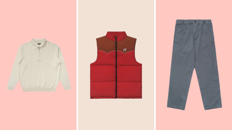 A white long-sleeved knit polo, a red puffer vest, and a pair of gray chinos.