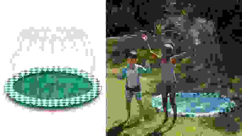 左：水芽到塑料飞溅垫上面的空气;右图：孩子们站在草地后院旁飞溅垫