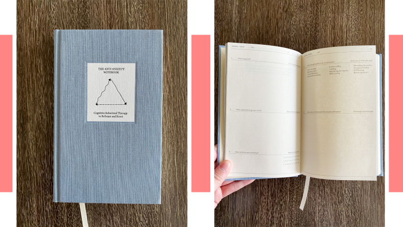 Photos of the cover and blank inside pages of The Anti-Anxiety Notebook: Cognitive Behavioral Therapy to Reframe and Reset.