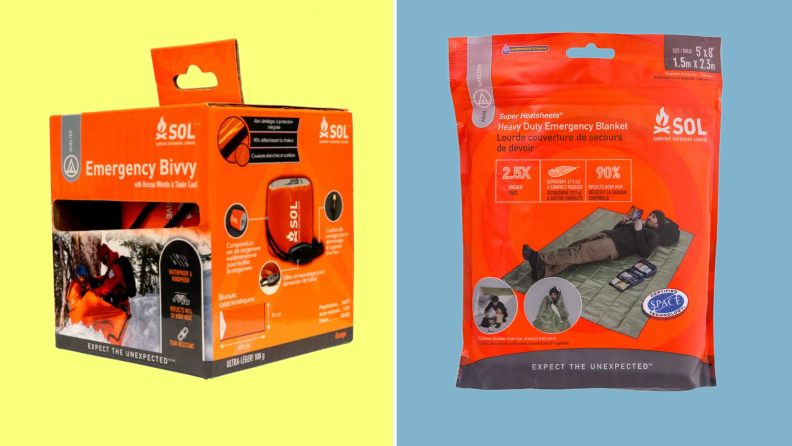 Two product shots of the SOL Emergency Blanket and e SOL Emergency Bivvy in orange packaging.