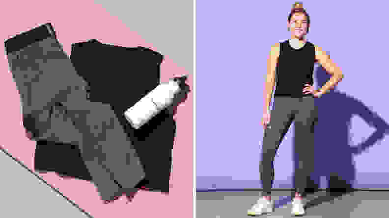 The Wolaco grey leggings on top of a black tank top and a person on the right wearing the leggings and tank top.