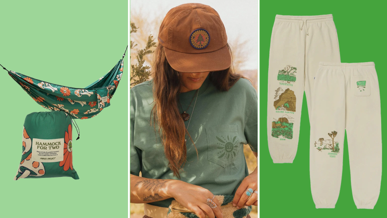 Collage of green multicolored hammock hanging in front of carrying pouch, model looking down as they zip up fleece green and tan fanny pack while wearing a brown canvas dad hat with tree patch in the middle and cream and green printed joggers.