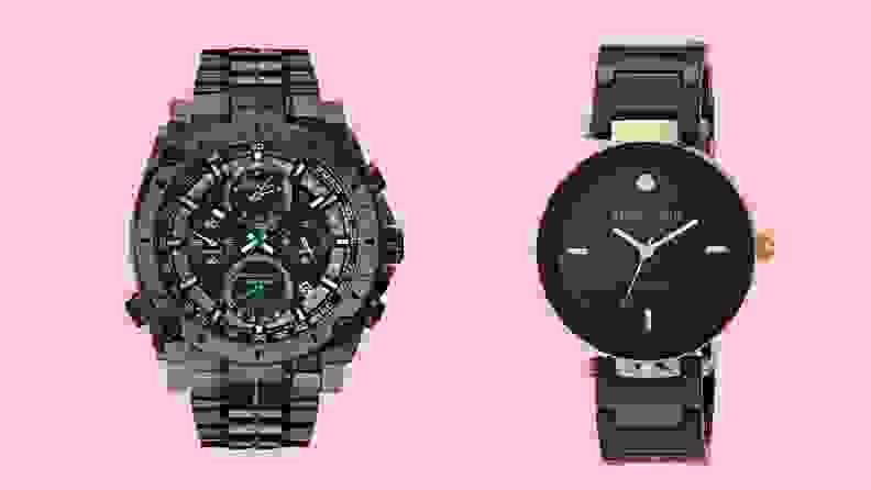 Two watches against a pink background.