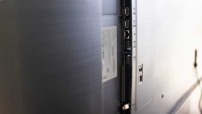 A close-up of the inputs on the back of the Samsung AU8000's panel