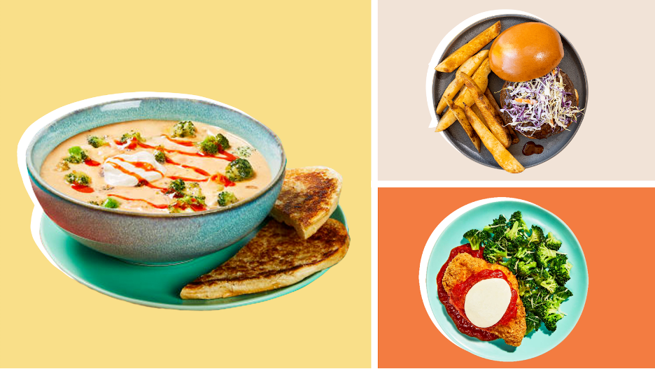A bowl of soup and a grilled cheese sandwhich on a plate against a gold background to the left. A burger and fries shot from top-down on a plate against a gray background in the upper right. Chicken Parmesan and broccoli on a plate against an orange background in the lower right.