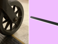 On left, wheel of wheelchair rolling over Rampit Empower Series Rubber Threshold Ramp. On right, product shot of the Rampit Empower Series Rubber Threshold Ramp.