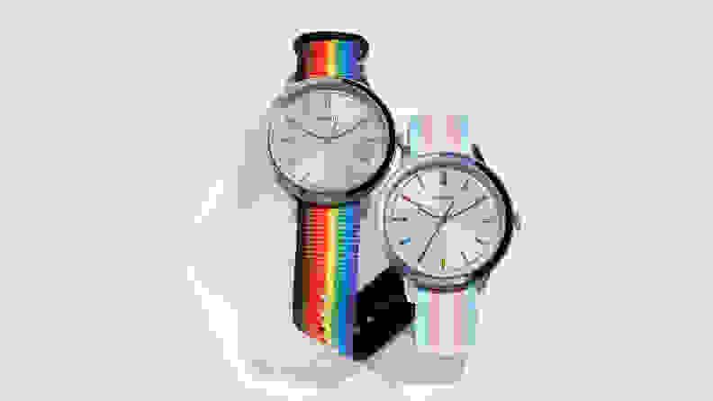 Two minimalist 40mm watches from Fossil, with Pride themed bands.