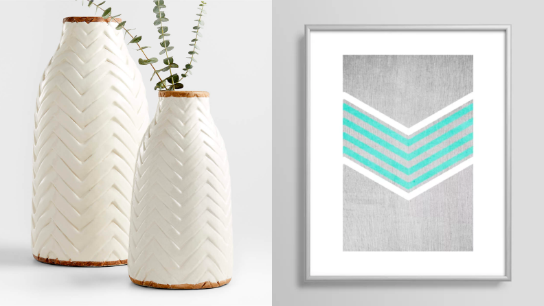 1) Two white chevron-carved vases. 2) Blue and gray chevron print.