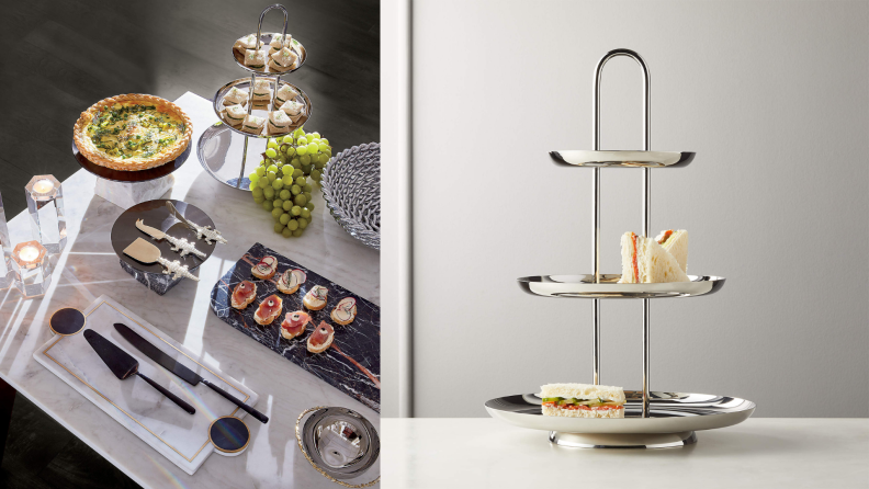 On the left, the stainless steel serving tower on a buffet table. On the right, the same stainless steel tower alone on a table.