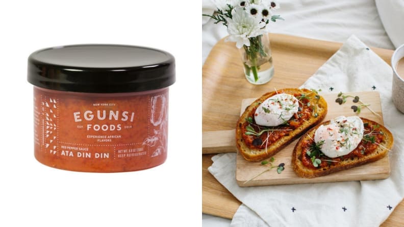 Egunsi Foods red pepper sauce paired with mozzarella and crunchy bread.