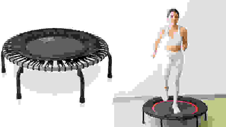 An image of a JumpSport indoor trampoline and a woman jumping on a trampoline.