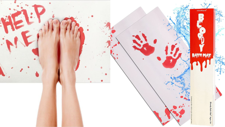 On left, feet standing on bloody bath mat. On right, packaging for bloody bath mat.