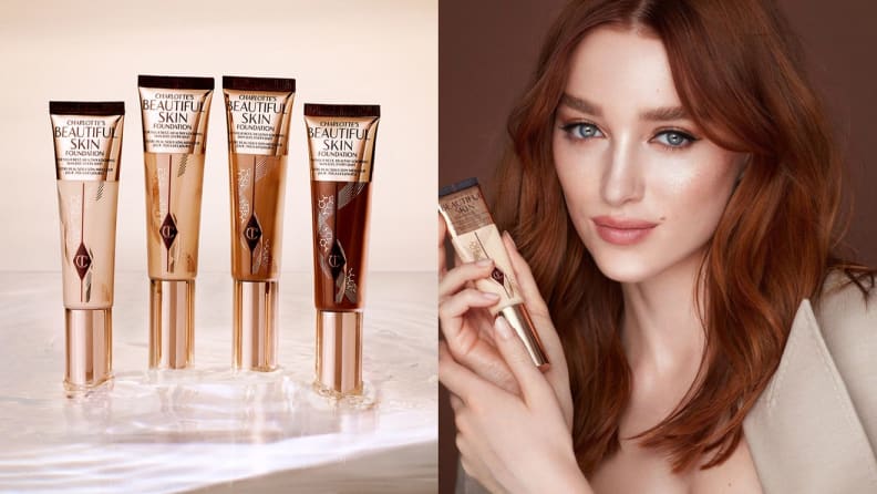 On left, metallic tubes of moisturizer. On right, person holding tube of moisturizer.