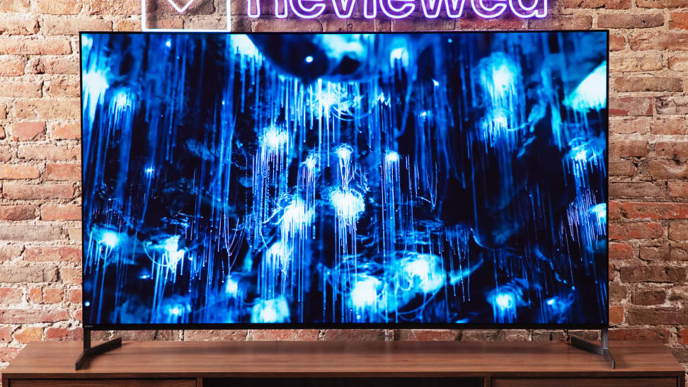 The Sony A95L QD-OLED TV in front of a brick wall displaying a colorful picture of blue-colored jellyfish
