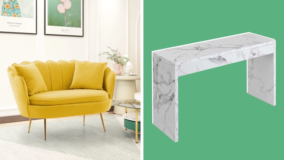 A yellow love seat and a marble table in a collage in front of a background.