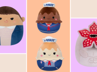 'stranger things' squishmallows collection on purple, orange, and beige background
