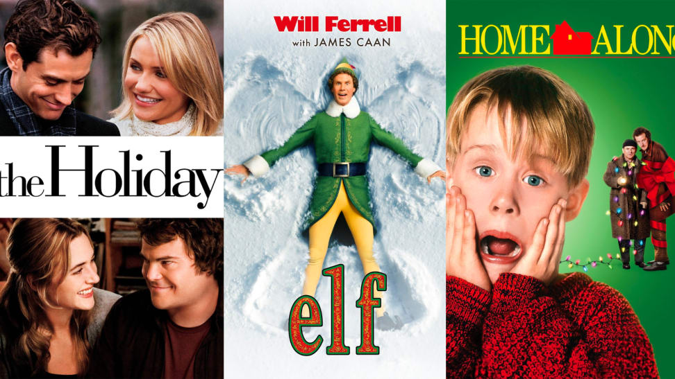 An image of three movie posters, one for "The Holiday," one for "Elf," and one for "Home Alone."
