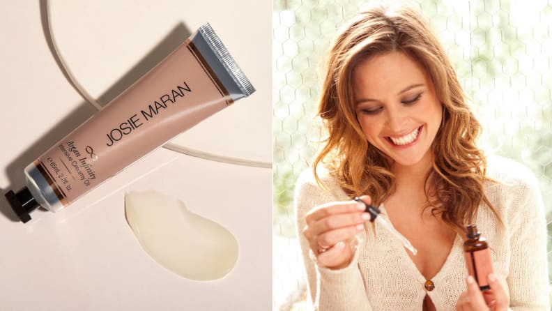 Left: Josie Maran cream on beige background, right: Josie Maran smiling