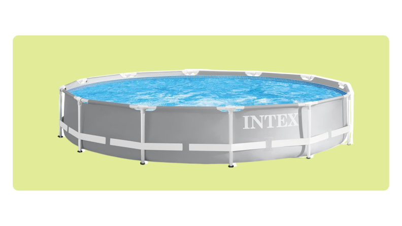 The Intex Prism Metal Frame Swimming Pool on a yellow background.