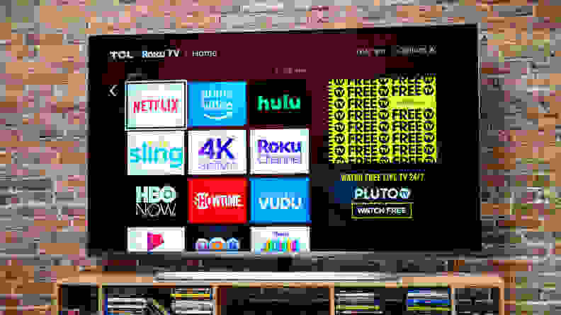 A flat screen TV displaying a Roku menu.