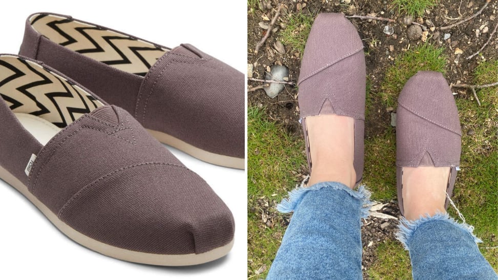 Toms on a white background (left) and on feet standing on the grass (right)