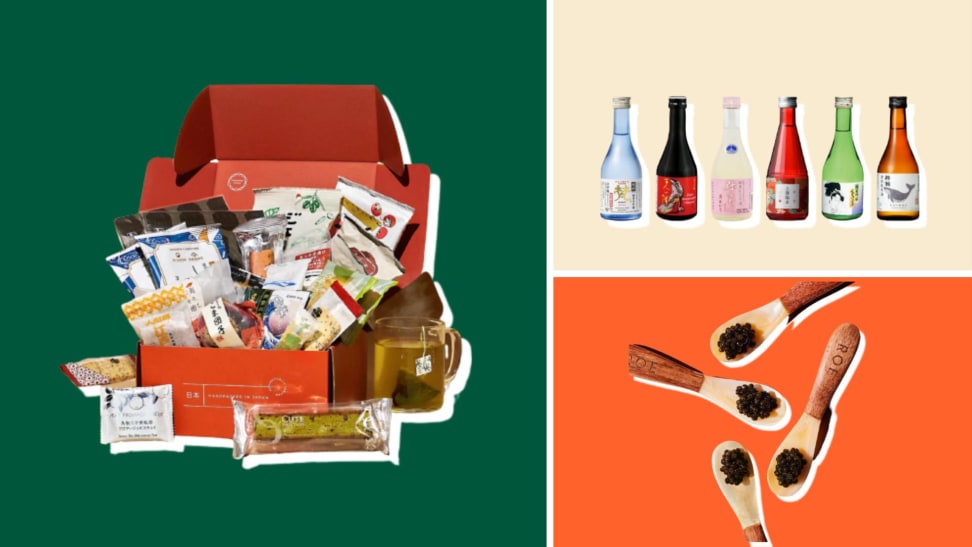 Images of packaged snacks, sake bottles, and spoons of caviar on colorful background.