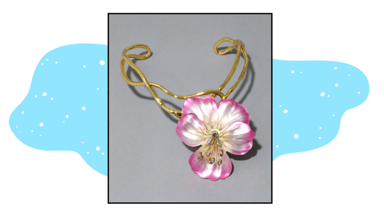 A gold choker with a large lucite flower detail.