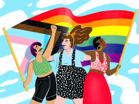 Graphic of three people wearing colorful outfits with the pride flag and trans visibility flag behind them