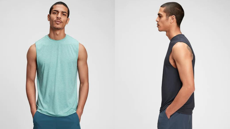 man wearing blue active tank top by Gap