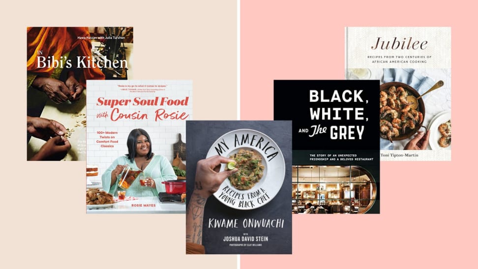 From left: Cookbook covers of In Bibi's Kitchen; Super Soul Food; My America; Black, White, and The Grey; The Jubilee on a pink background.