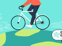Graphic of a person riding a bicycle on the globe, with air currents in front of and behind the bicycle.