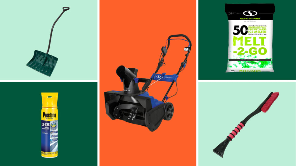 A snow shovel, snow blower, ice melt, a window wiper, and a de-icer on a colorful background.