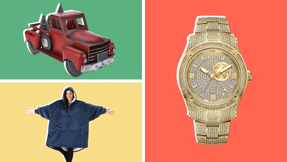 An image of a red Christmas truck, a person wearing a Comfy, and a gold watch.
