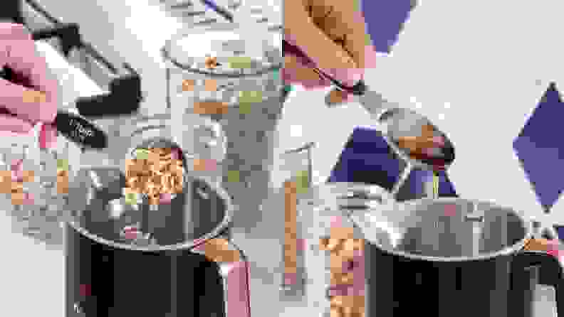 On left, person using tablespoon measuring utensil to pour oats into Nutr plant-based milk maker. On right, person using tablespoon to pour honey into Nutr plant-based milk maker.