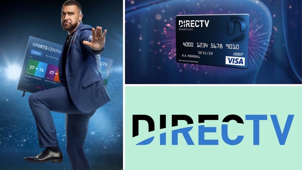 A collage with a DirectTV logo, Visa rewards card, and NFL star Travis Kelce.