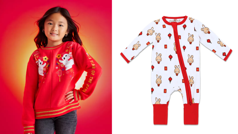 A girl in a red Lunar New Year pullover. A baby outfit for Lunar New Year.
