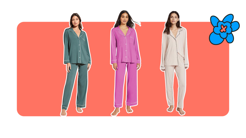 Three models wearing three different sets of Eberjey Pajamas in green, pink and cream colors.