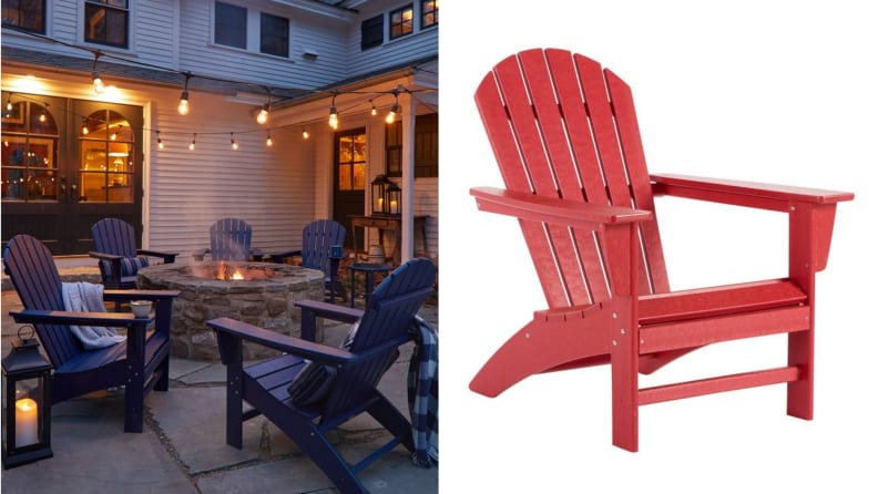 Adirondack chairs around a fire,next to a red Adirondack chair