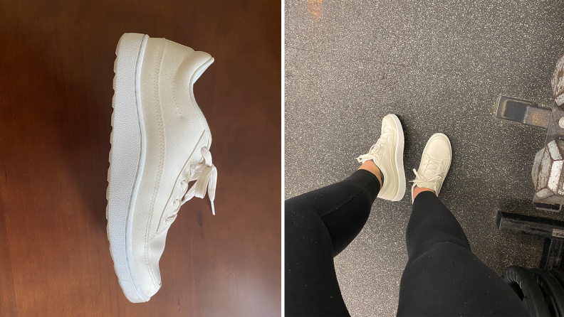 Split image of Allbirds Plant Pacers sustainable sneakers.