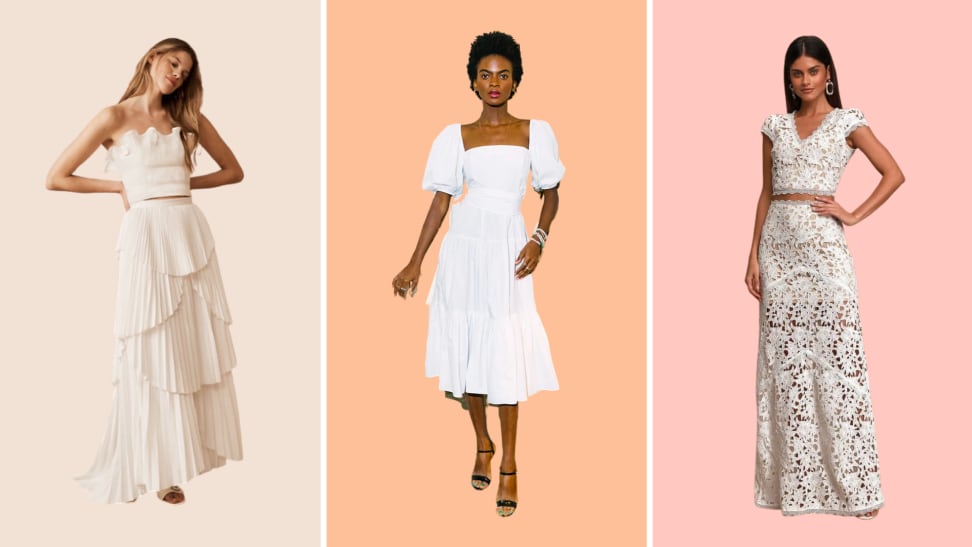 Three models wear white wedding gowns against a multicolored background.